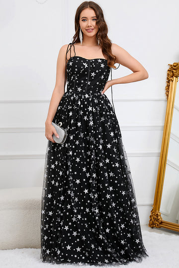 Tulle A-Line Spaghetti Straps Black Long Ball Dress with Stars